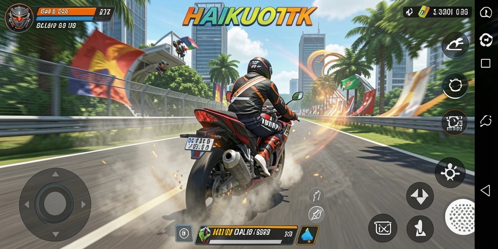 Screenshot gameplay HAIKUOTK menampilkan aksi balap motor yang menegangkan.