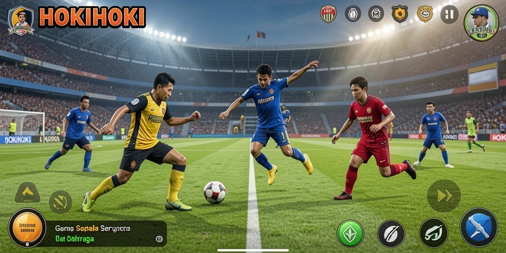Tampilan gameplay HOKIHOKI dengan aksi sepak bola yang mengesankan.