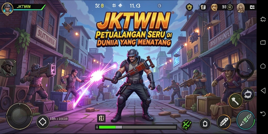 Screenshot JKTWIN menampilkan karakter utama menjelajahi hutan yang lebat.