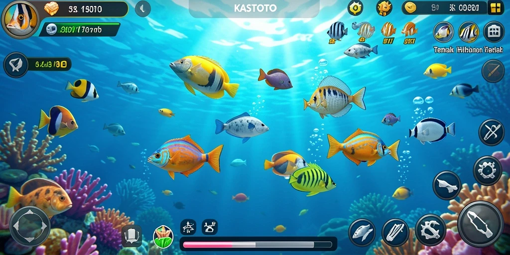 Screenshot permainan KASTOTO menampilkan aksi seru saat menembak ikan.