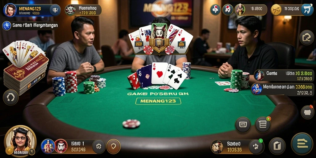 Tampilan layar gameplay seru dari MENANG123 dengan pemain poker lainnya.