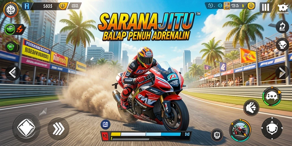 Screenshot utama SATANAJITU menampilkan balapan seru di trek penuh tantangan.